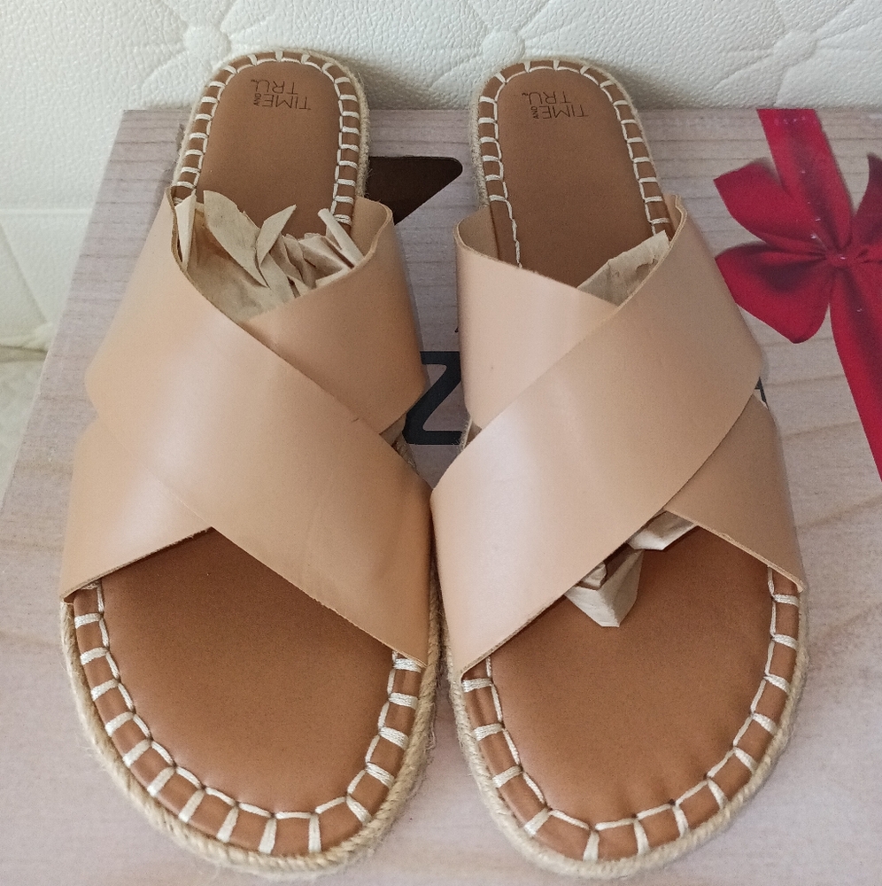 Time And Tru Tan Leather Slide Sandals
